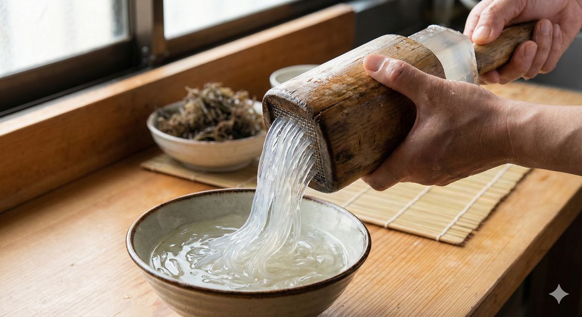 木製の天突き器を使って、透明なところてんをニューっと押し出している瞬間のアップ