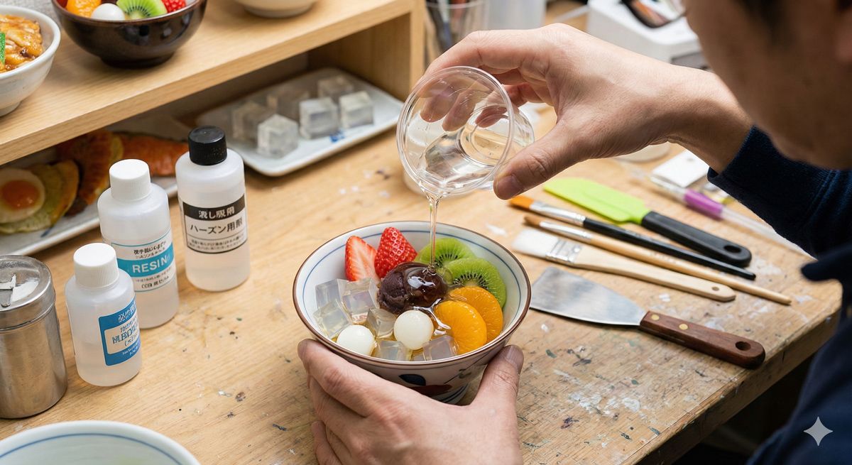 本物そっくりなフルーツあんみつの食品サンプルを製作中の様子。樹脂を流し込んでいる