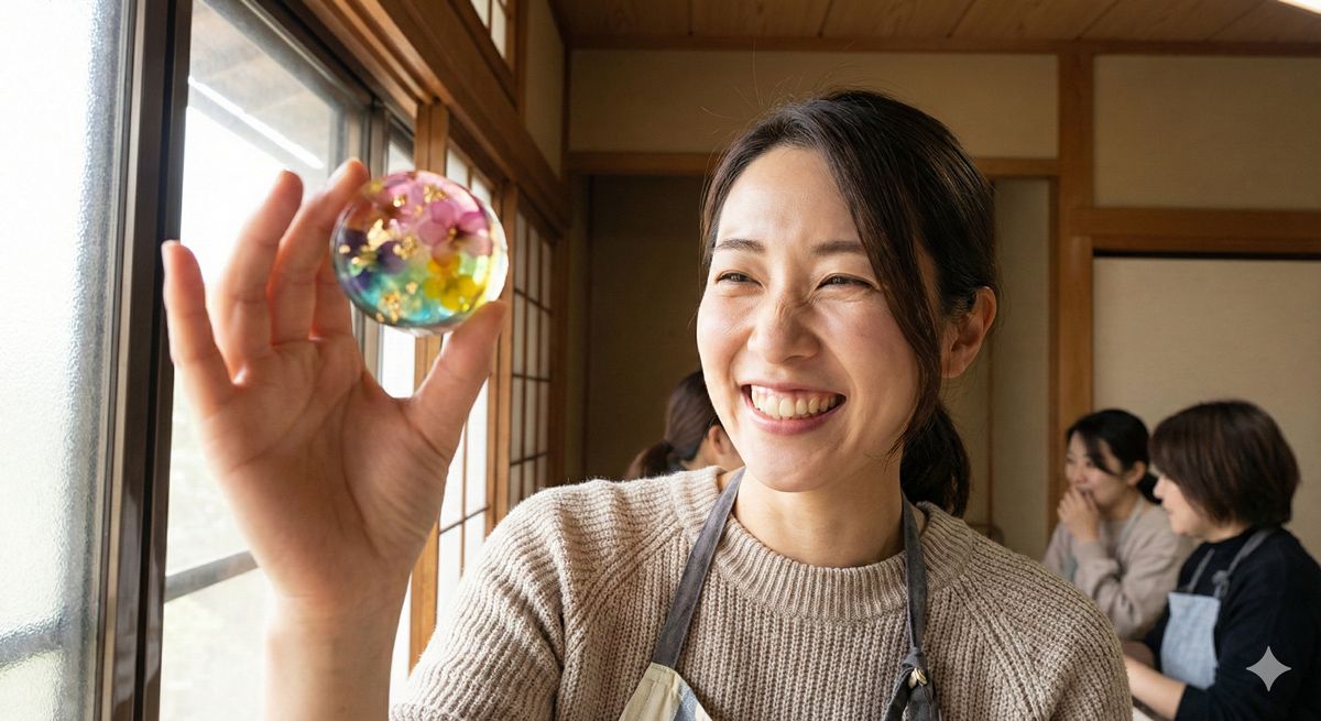 体験を終えた女性が、自分で作った和菓子を嬉しそうに光に透かして見ている笑顔