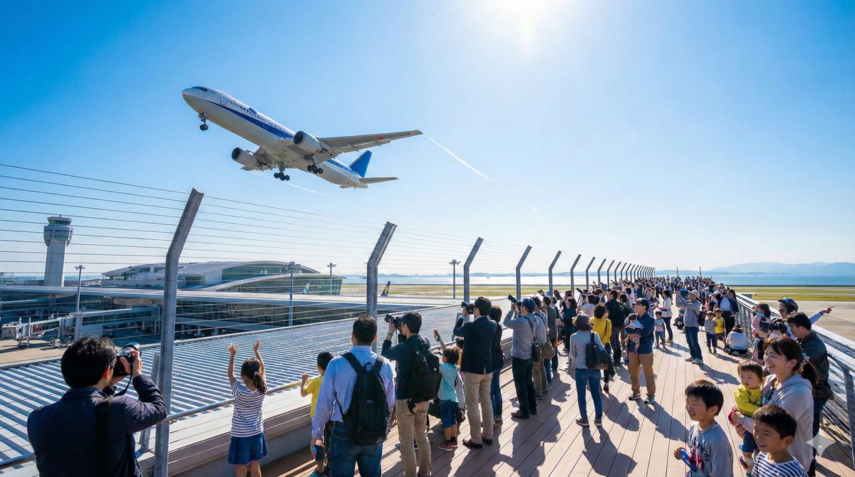 青空を背景に離陸する飛行機と中部国際空港セントレアのスカイデッキの賑わい