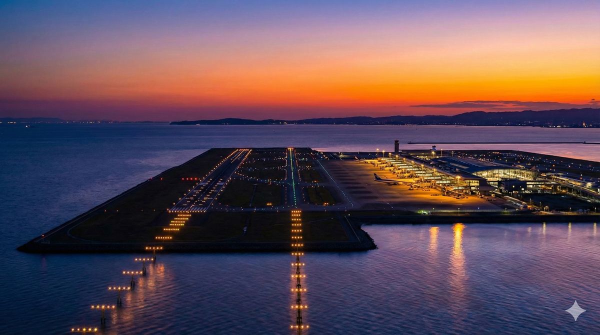 夕暮れ時の伊勢湾に浮かぶ中部国際空港セントレアの全景と誘導灯の輝き