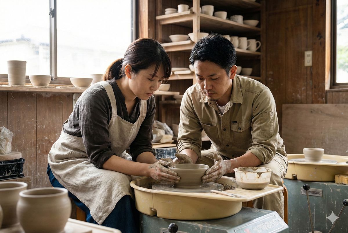常滑焼の工房で電動ろくろを回し真剣な表情で器を作るカップル