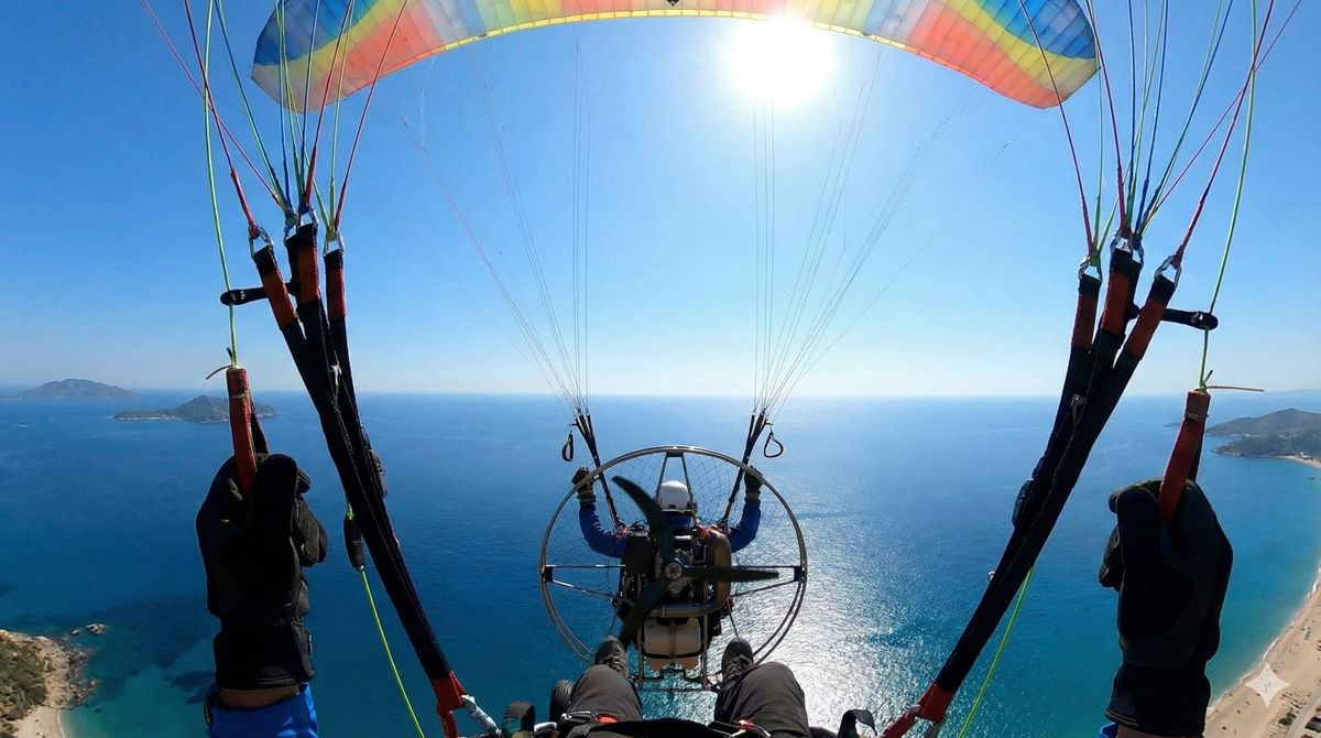 青い空と海を背景にモーターパラグライダーで空中散歩を楽しむ人の主観視点