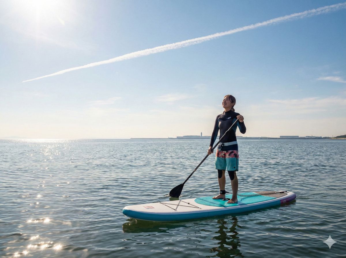 知多半島の穏やかな海でSUPを楽しみながら遠くに飛行機雲を見上げる女性