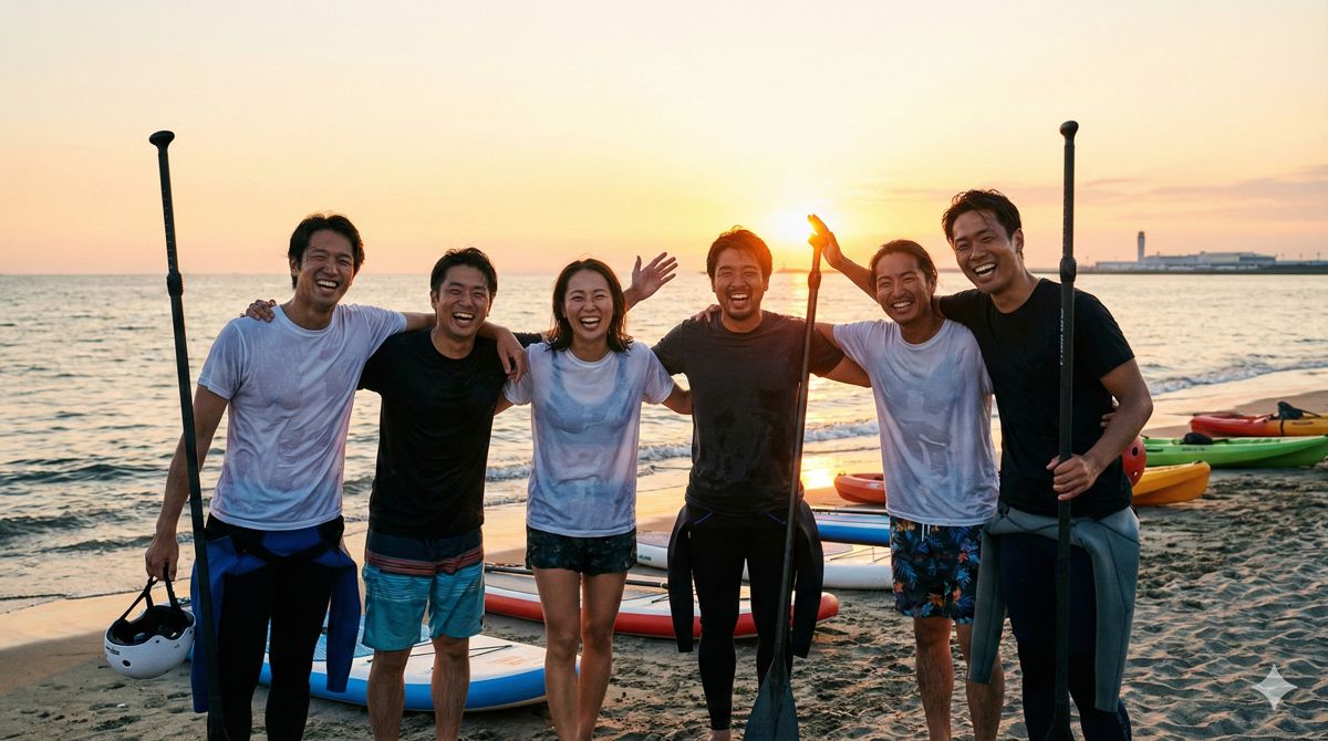夕日が沈む海岸線でアクティビティを終えて充実した笑顔を見せるグループ