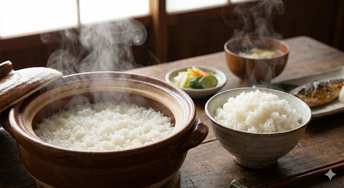 湯気が立ち上る炊き立ての土鍋ごはんと茶碗によそわれた白米