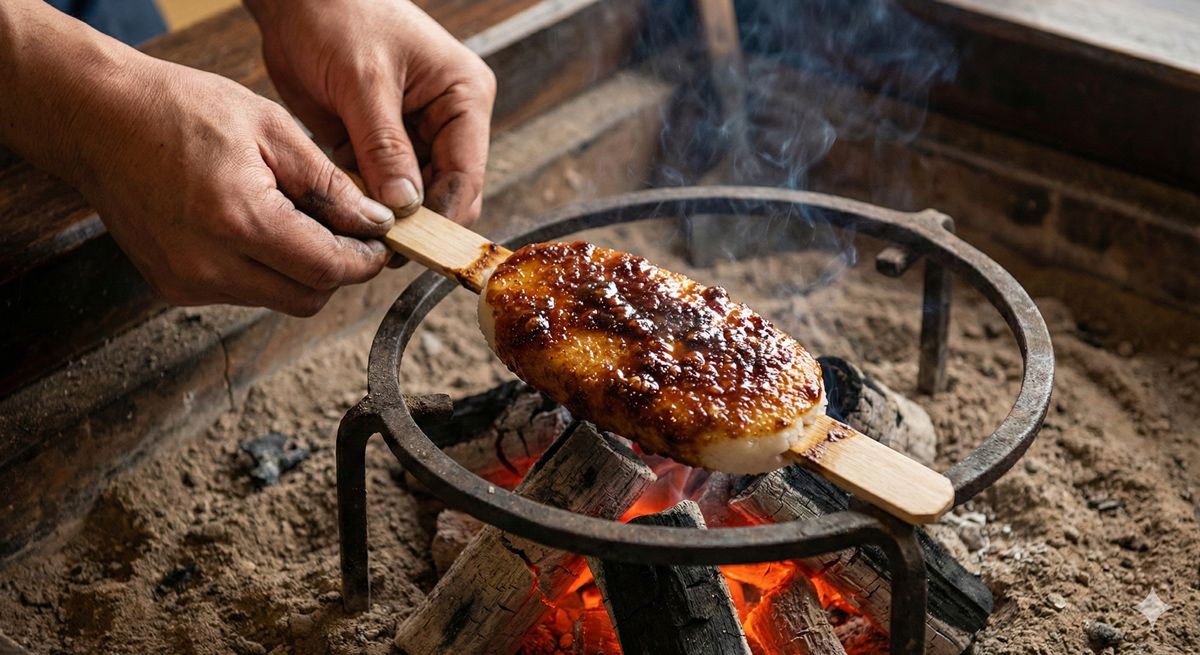 囲炉裏端でタレを塗った五平餅を焼いている手元のアップ