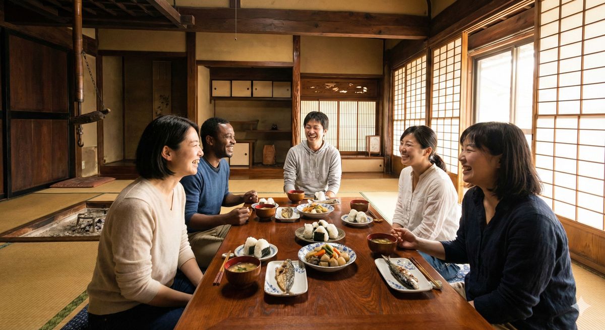 田舎の古民家で自分たちで作った郷土料理を囲んで団らんするグループ