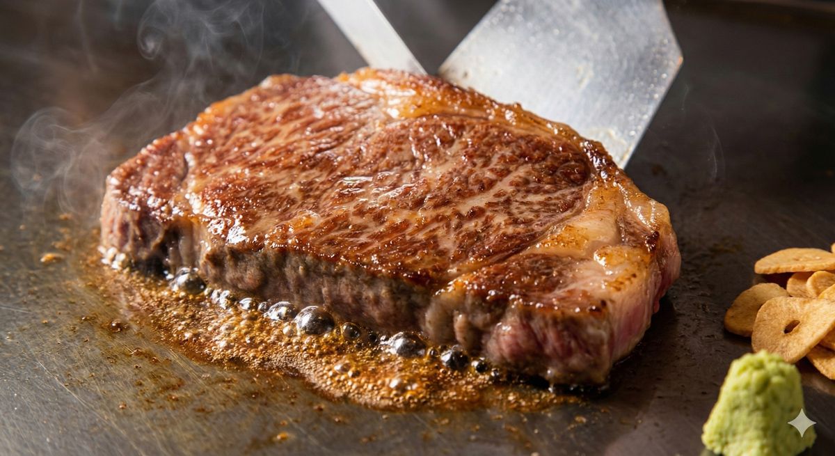 鉄板の上で美しく焼かれ、脂が輝く最高級の松阪牛ステーキのアップ