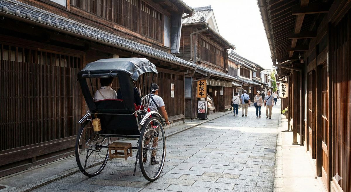 三重県松阪市の古い街並みを走る人力車と、歴史を感じさせる建物