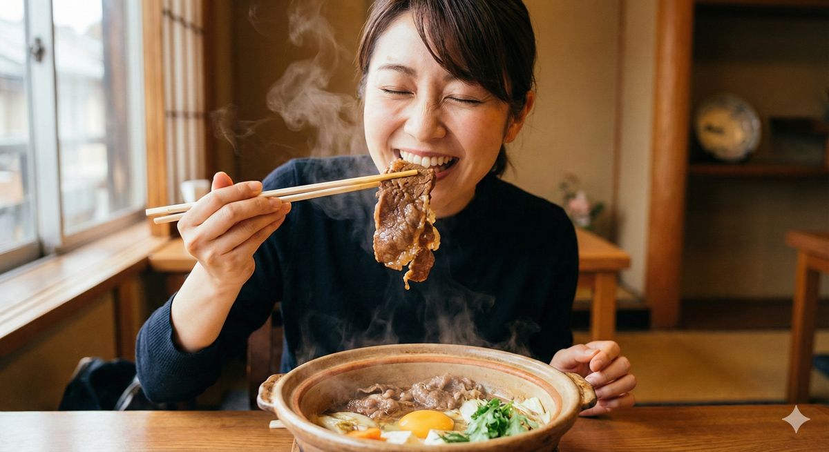 松阪牛のすき焼きを口に運び、あまりの美味しさに目をつぶって悶絶する笑顔の女性