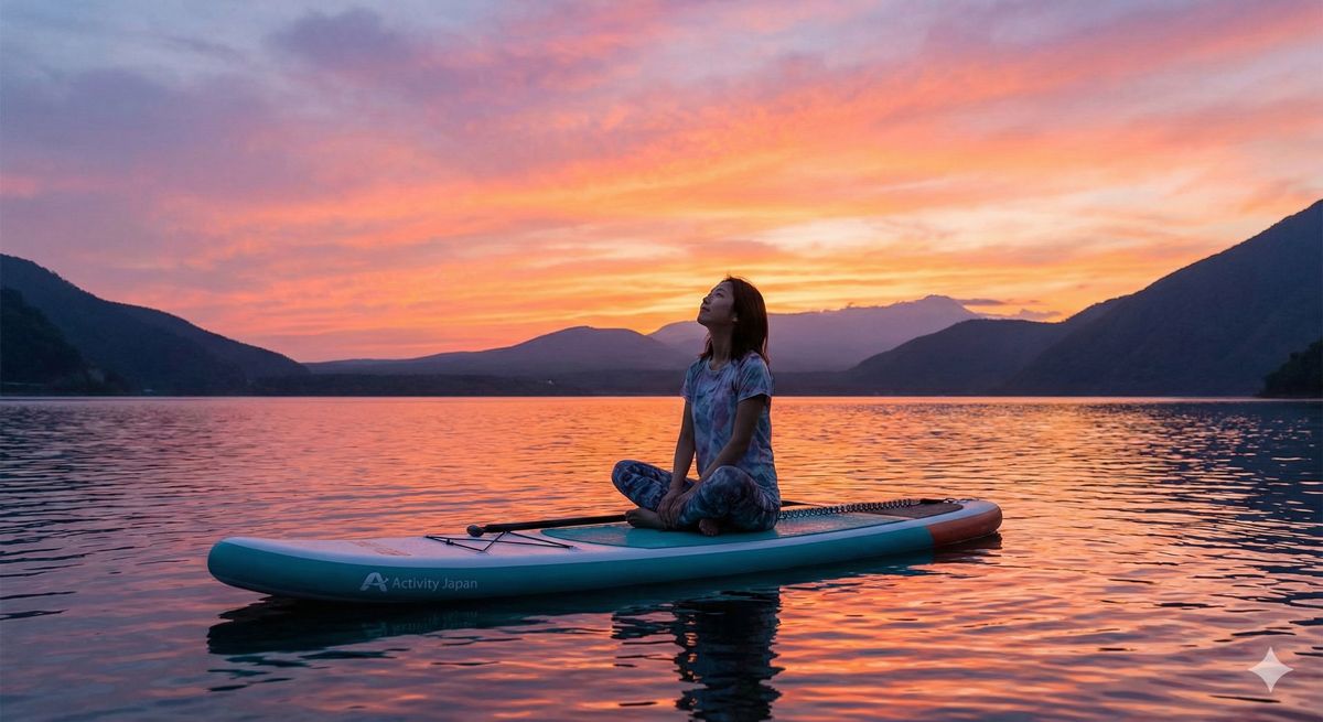 夕暮れ時の穏やかな湖面でSUPに乗り、空を見上げてリラックスしている様子のイメージ
