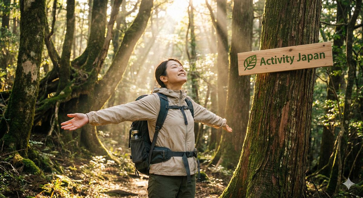 太陽の光が差し込む美しい森の中を歩き、深呼吸をして自然を満喫しているハイカーのイメージ