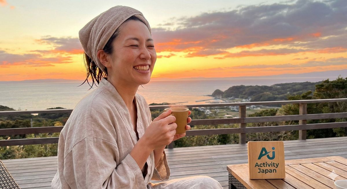 体験を終えてスッキリとした表情で、美しい夕日を眺めながら充実感に浸る人のイメージ