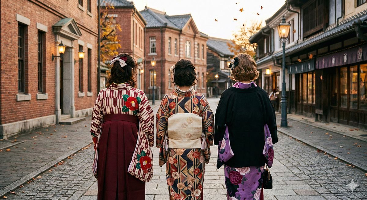 大正ロマン風のアンティーク着物を着て、古い洋館やレトロな街並みを歩く女性たちの後ろ姿