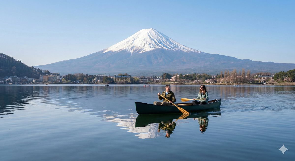 雄大な富士山をバックに静かな河口湖でカヌーを漕ぎながら水上散歩を楽しんでいるリラックスした風景