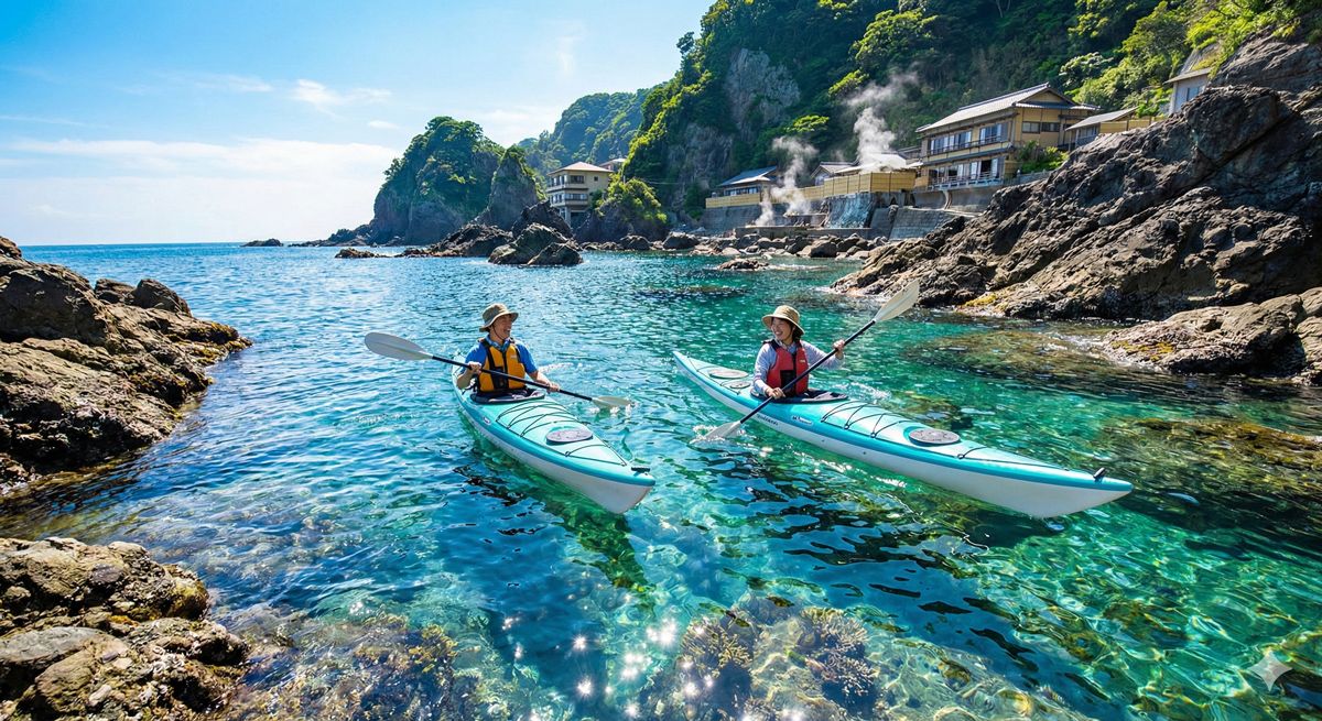 透明度の高い伊豆の海をシーカヤックで進みながら海岸沿いの美しい景色を満喫している様子