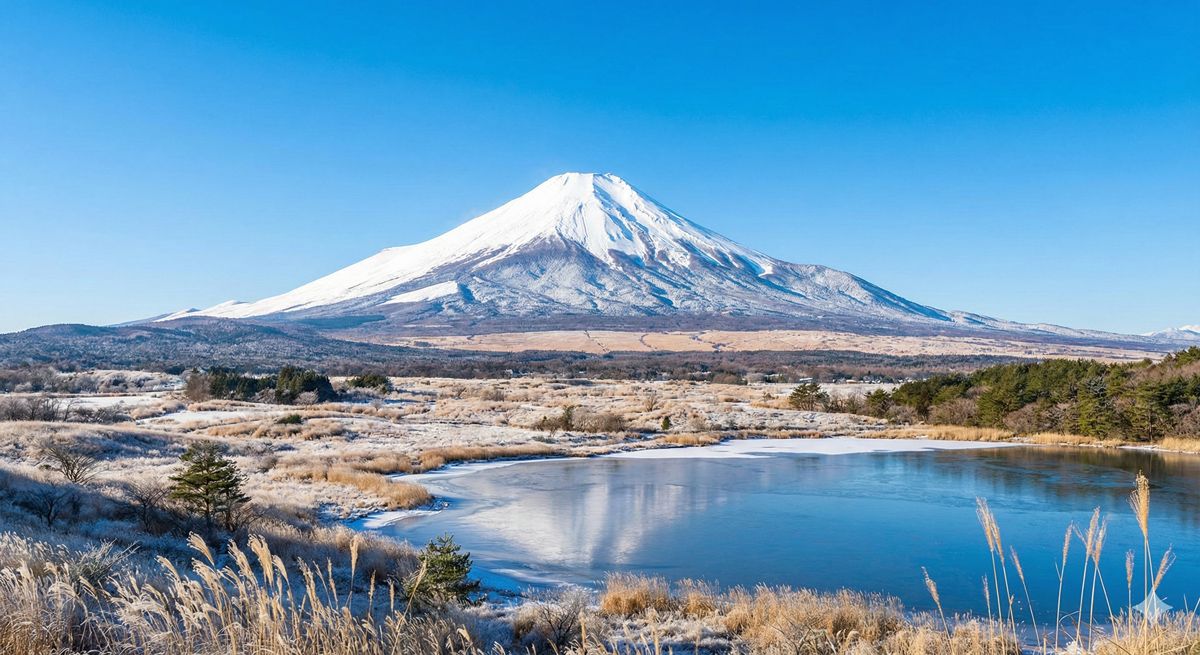雲ひとつない冬の青空の下、真っ白な雪化粧をした美しい富士山と一面に広がる雄大な自然の風景