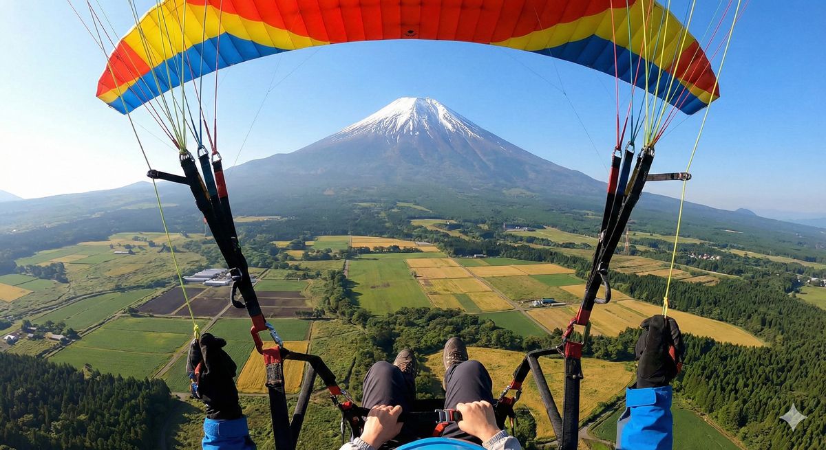 朝霧高原の空をカラフルなパラグライダーで飛びながら、目の前に迫る大迫力の富士山を眺める様子