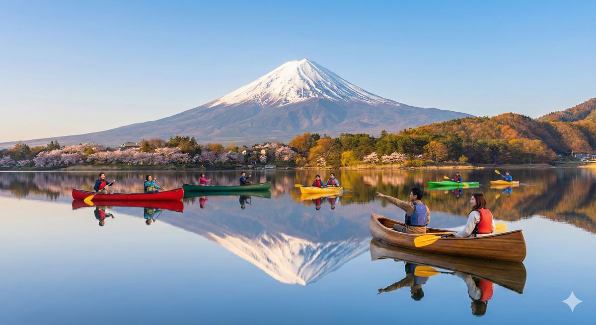 穏やかな河口湖の湖面に美しく映り込む『逆さ富士』と、カヌーに乗って大自然を満喫する人々の姿