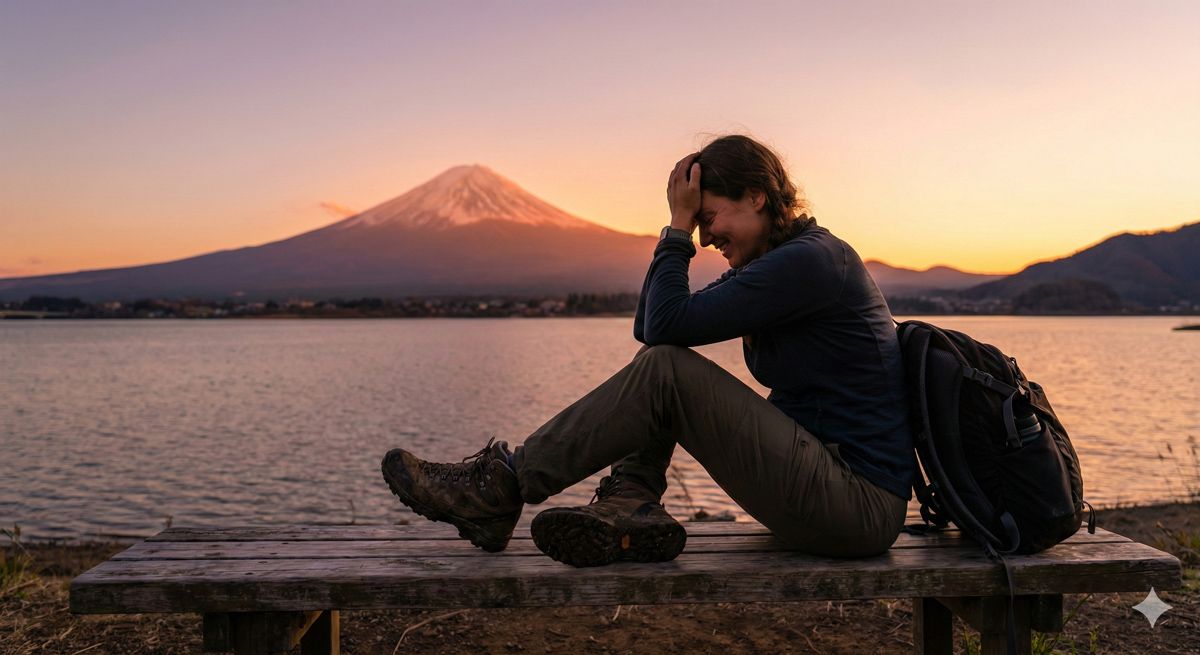 アクティビティを終え、夕暮れに染まる美しい富士山を眺めながら、心地よい疲労感と深い感動に浸る人の姿