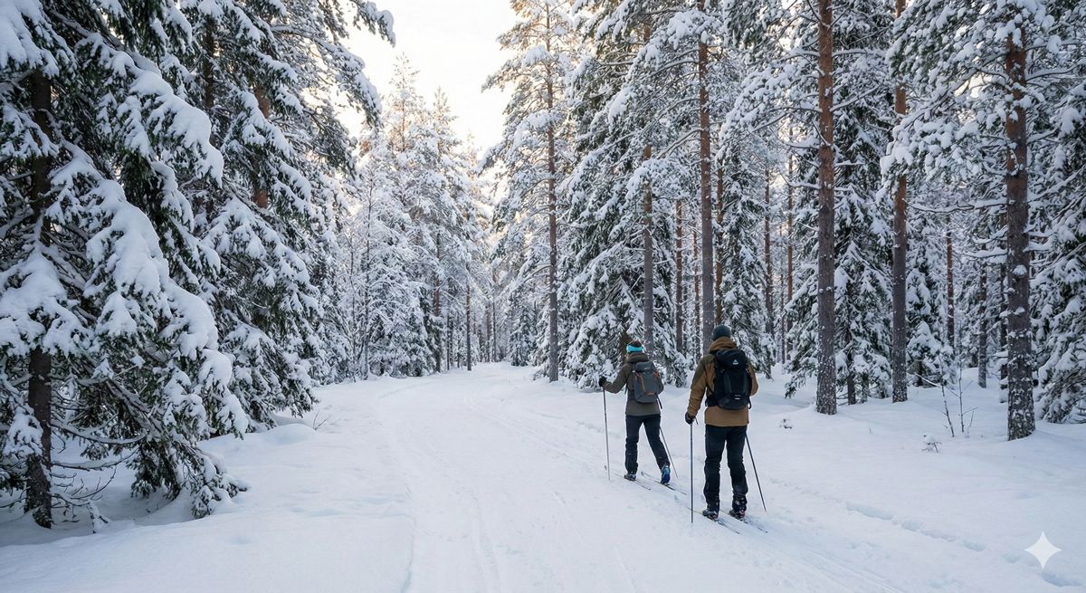 一面の銀世界の中、クロスカントリースキーで静かな森の奥深くへと進んでいく2人の人物の様子