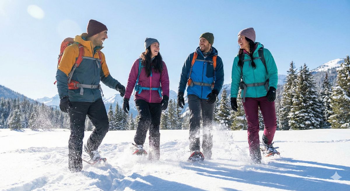 晴れ渡る青空の下、ふかふかのパウダースノーをスノーシューでサクサクと歩いて楽しむ笑顔のグループ