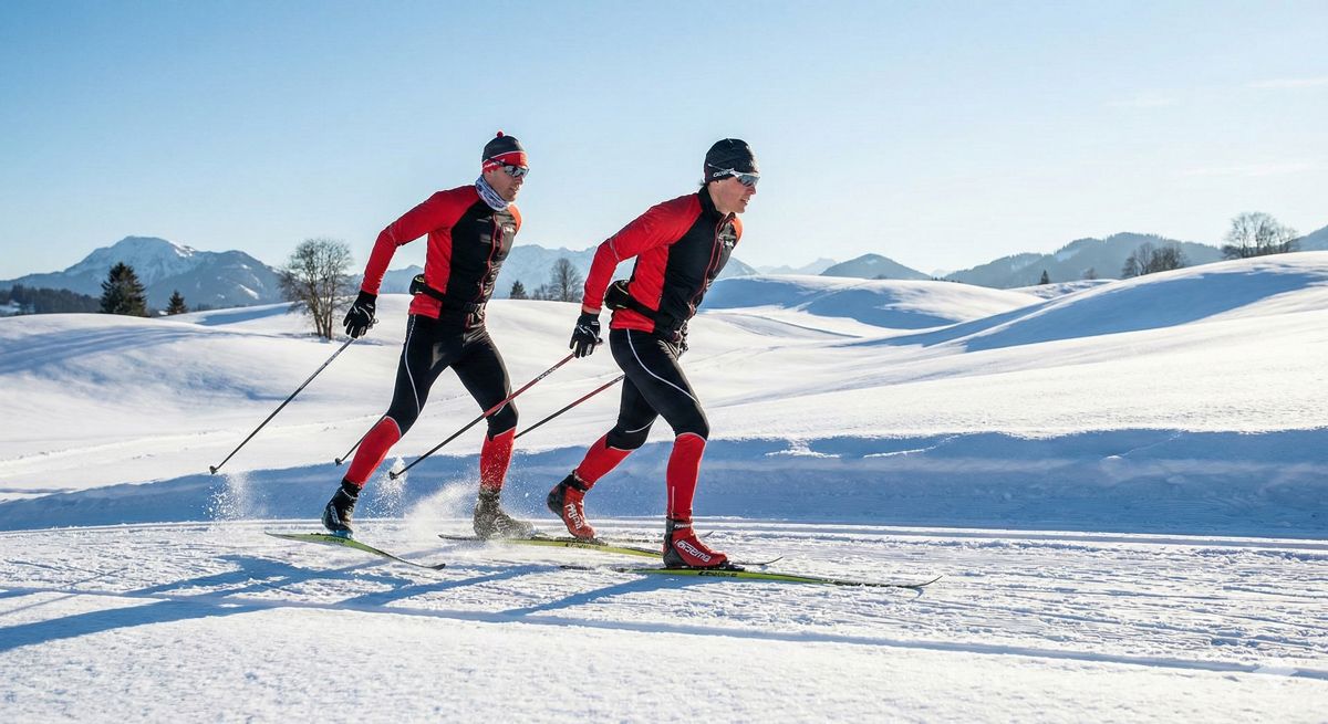 なだらかな雪の丘陵地帯を、クロスカントリースキーの板を履いてスムーズに滑り歩くスポーティな人の姿