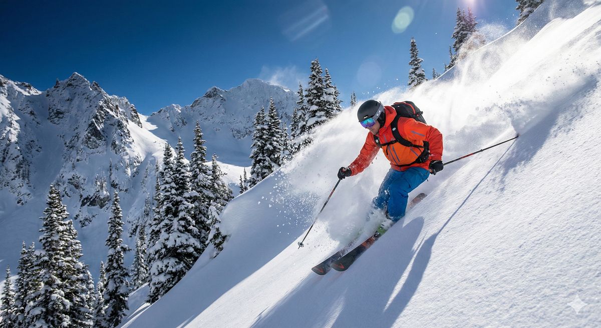 誰も踏み入れていない真っ白な雪山の急斜面をバックカントリースキーで滑り降りる躍動的なシーン