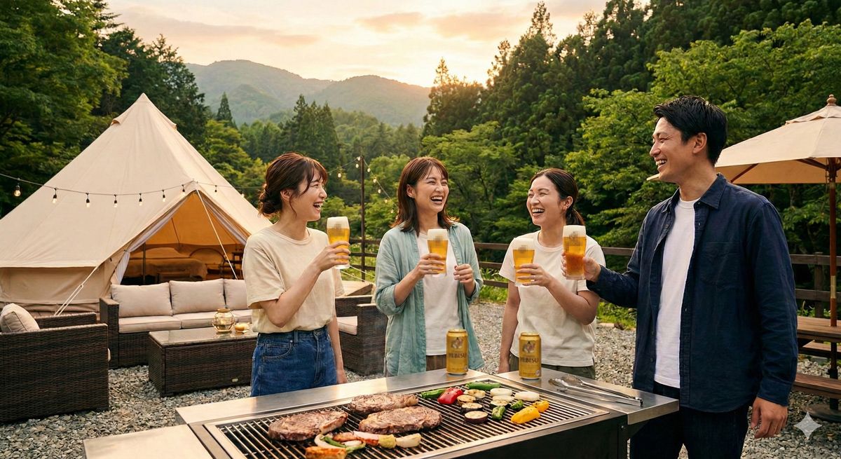 東京湾の美しい夜景と煌めくビル群を背景に、船上デッキでビールグラスを傾けている贅沢なナイトクルージングの様子