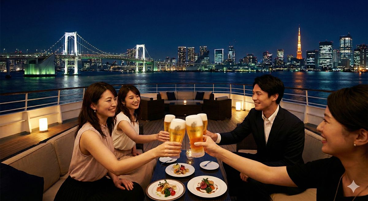 大自然に囲まれたおしゃれなグランピング施設で、美味しそうに焼けるお肉と冷えたビールを楽しむ笑顔のグループ