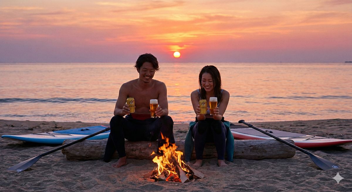 夕陽に染まる穏やかな海でSUP（サップ）を存分に楽しんだ後、ビーチサイドでくつろぐエモーショナルな光景