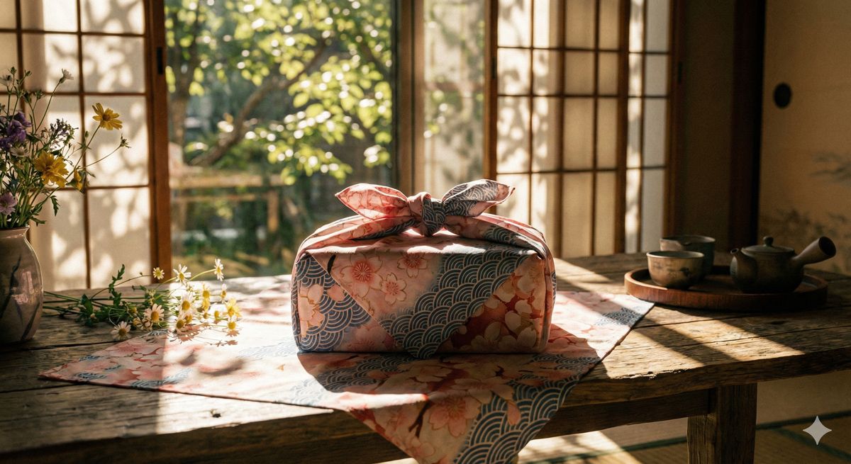 美しい和柄の風呂敷で丁寧に包まれたプレゼントと木漏れ日のイメージ