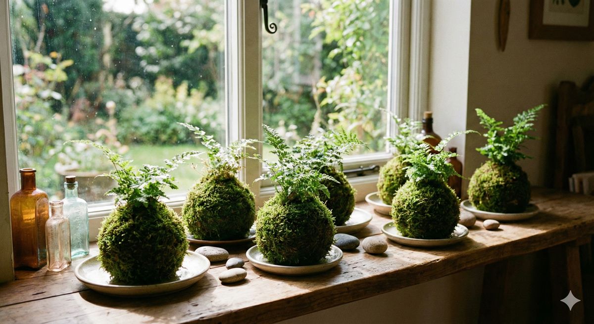 丸くて可愛らしい、緑鮮やかな手作りの苔玉がおしゃれな窓辺に並ぶ様子