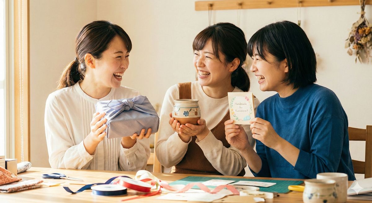 完成した手作り作品を手に持ち、友人と一緒に満面の笑みで喜ぶ女性たちの様子
