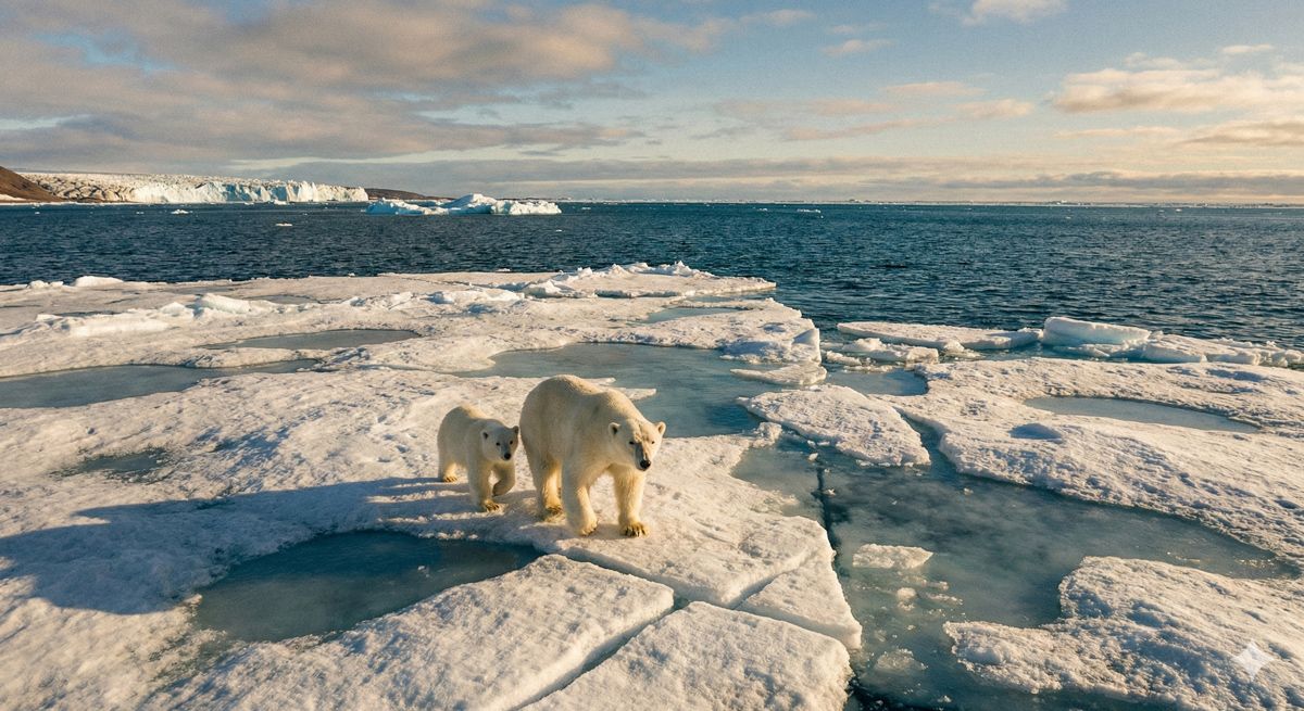 真っ白な氷の上を寄り添って歩く親子のホッキョクグマ。地球温暖化による環境の変化を考えさせられる情景