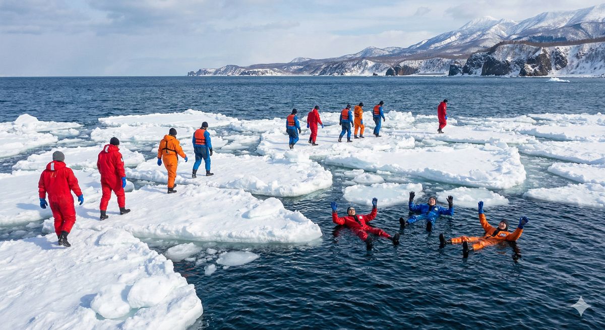 北海道・知床の海を覆い尽くす純白の流氷。ドライスーツを着て氷の上を歩いたり海に浮かんだりして楽しむ姿