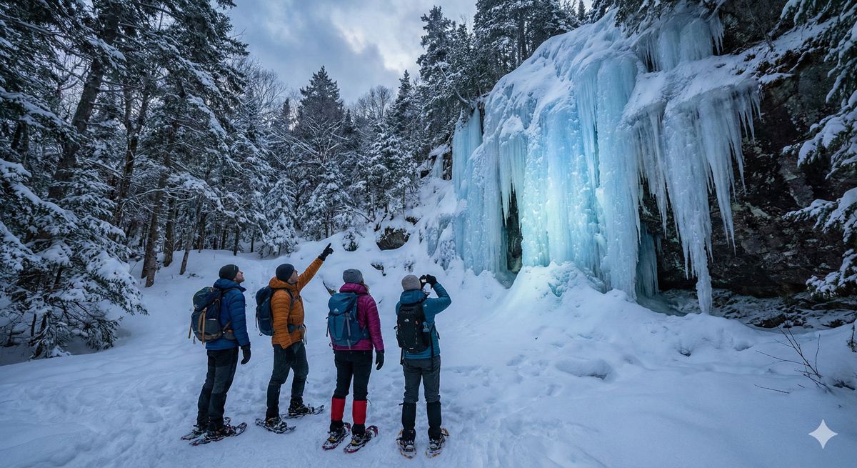 雪深い森の奥に現れた巨大な氷瀑。青白く神秘的に輝く氷の柱を見上げる、スノーシューを履いたハイカーたち