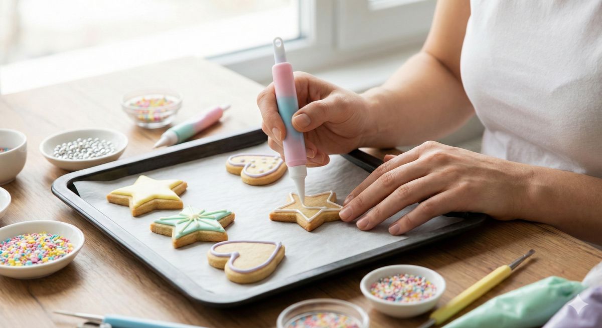 パステルカラーのアイシングペンを使って、星やハート型のクッキーに真剣な表情でデコレーションをしている手元