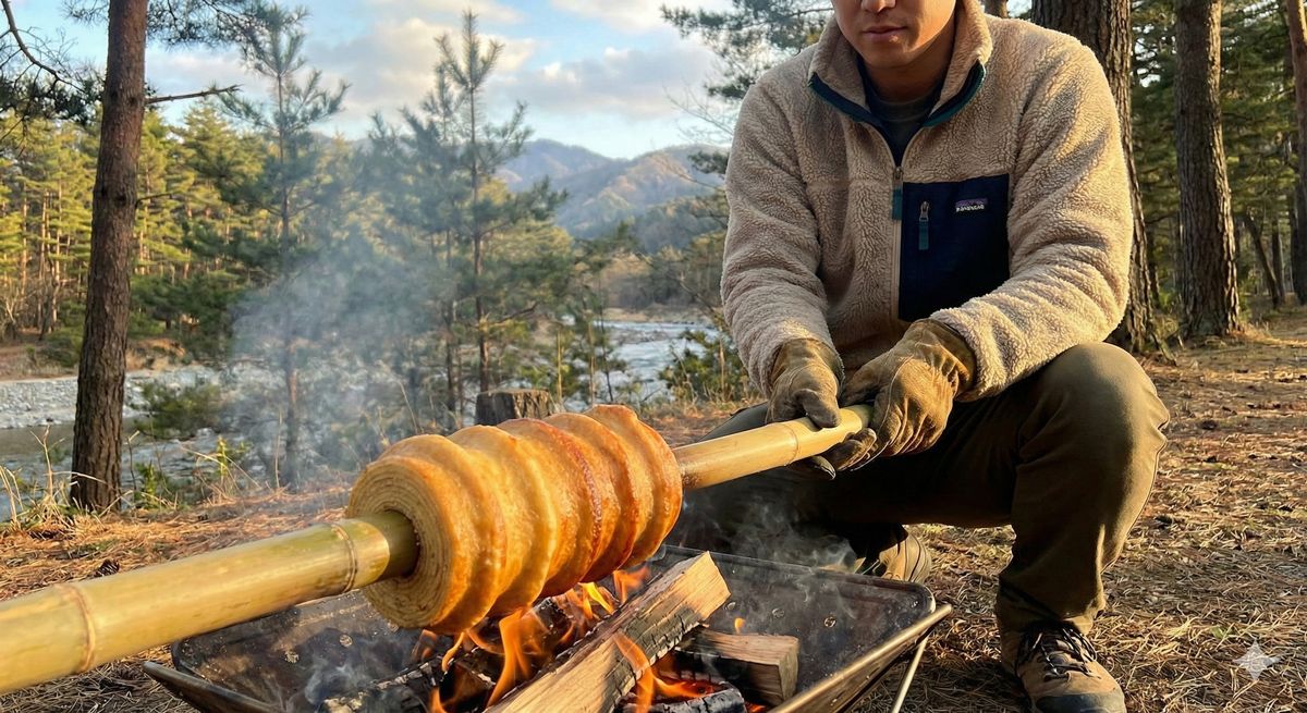 大自然の中、焚き火の上で竹の棒をくるくる回しながらこんがりとバウムクーヘンを焼いている様子