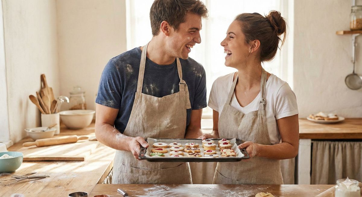 エプロン姿の二人が、完成した手作りのお菓子を手に持ち、満面の笑顔で顔を見合わせている様子
