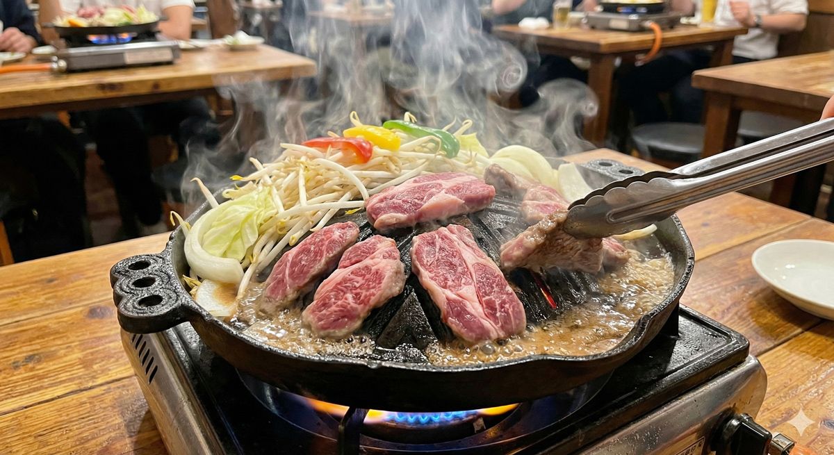 ジュージューと音を立てて焼かれる新鮮なラム肉とたっぷりの野菜、湯気が立ち上るジンギスカン鍋の様子