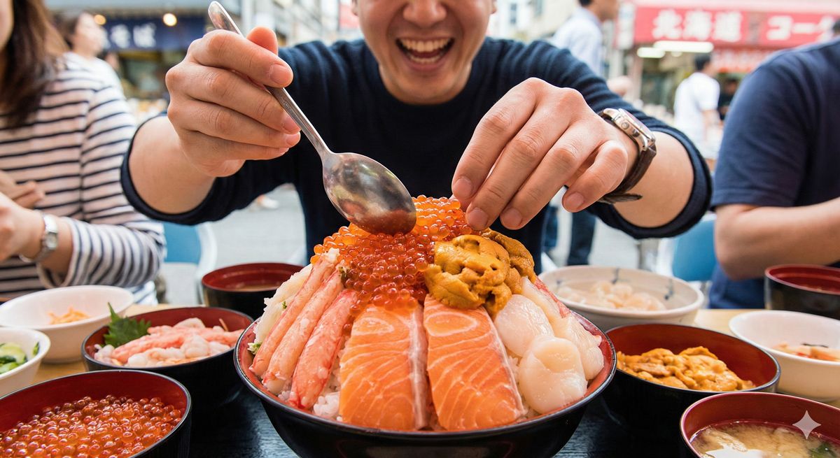 キラキラ輝くイクラや新鮮なウニ、サーモンを丼ぶりにこれでもかと豪快に盛り付けている海鮮丼作り体験
