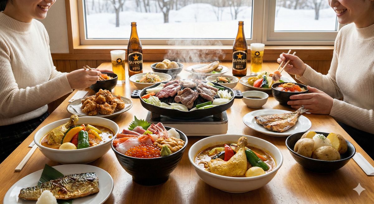 ジンギスカンや海鮮丼、スープカレーなど北海道グルメが並ぶ食卓風景