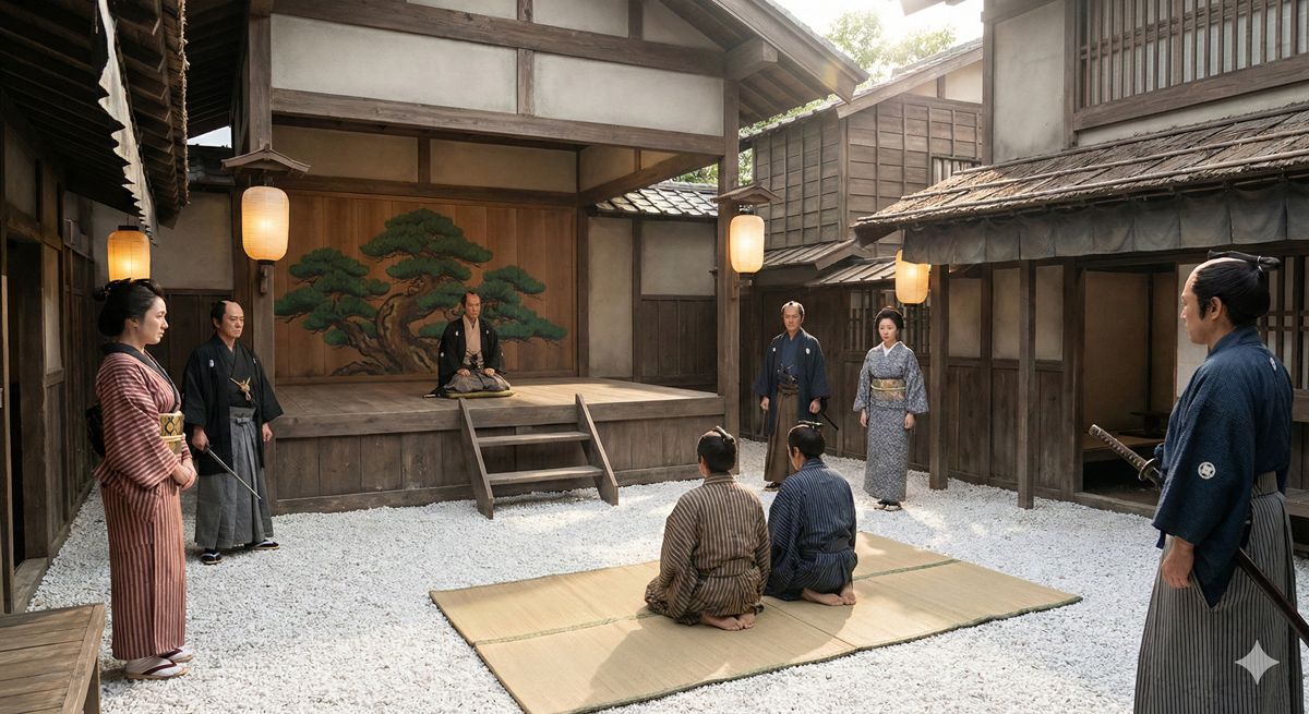 江戸時代の町並みや奉行所のお白洲を思わせる、時代劇のセットのような雰囲気のある和風の画像