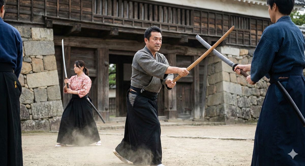 袴姿で木刀や模造刀を構え、真剣な表情で殺陣のアクションポーズを決めている侍体験の様子