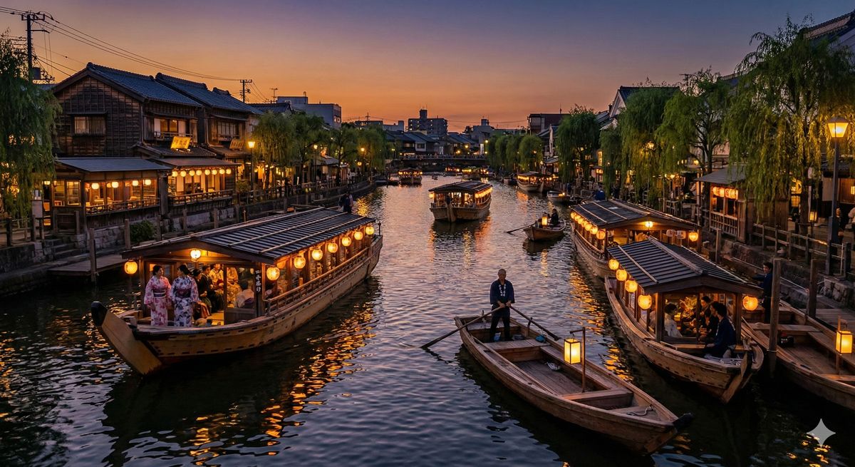 提灯が灯る夕暮れ時の川を、江戸情緒あふれる屋形船や木造の和船がゆっくりと進んでいく情景