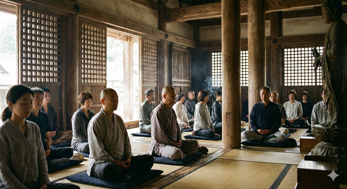 静寂に包まれた歴史あるお寺の本堂で、目を閉じて姿勢良く座禅を組んでいる人々の様子
