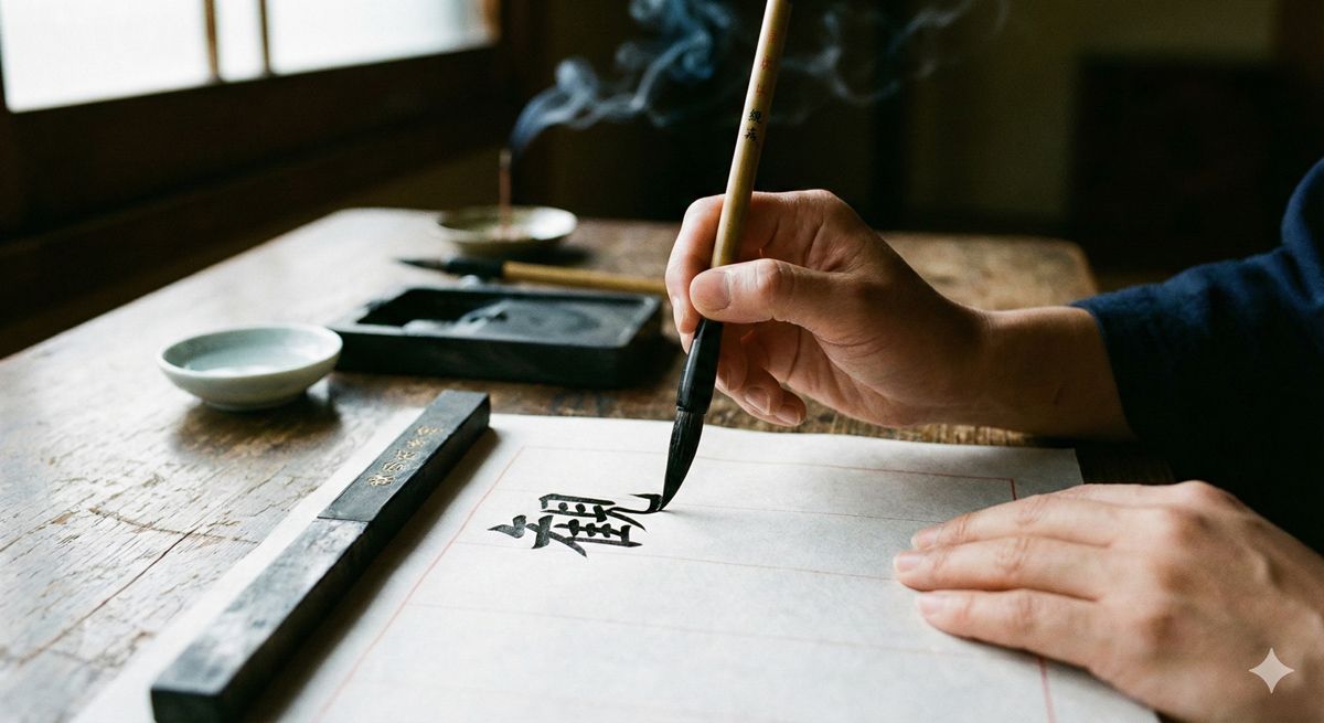 筆を持ち、墨の香りに包まれながら、集中して半紙に一文字ずつ写経をしている手元のアップ画像