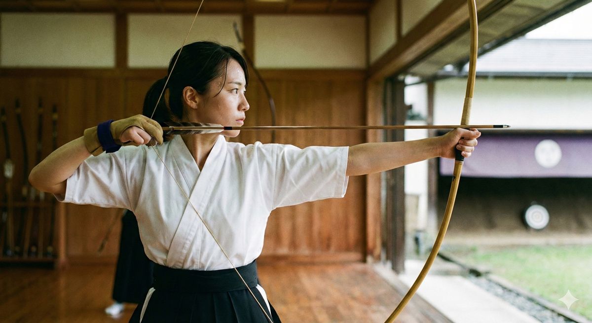 凛とした姿勢で和弓を構え、ピンと張り詰めた空気の中でじっと的を見据えている人の横顔